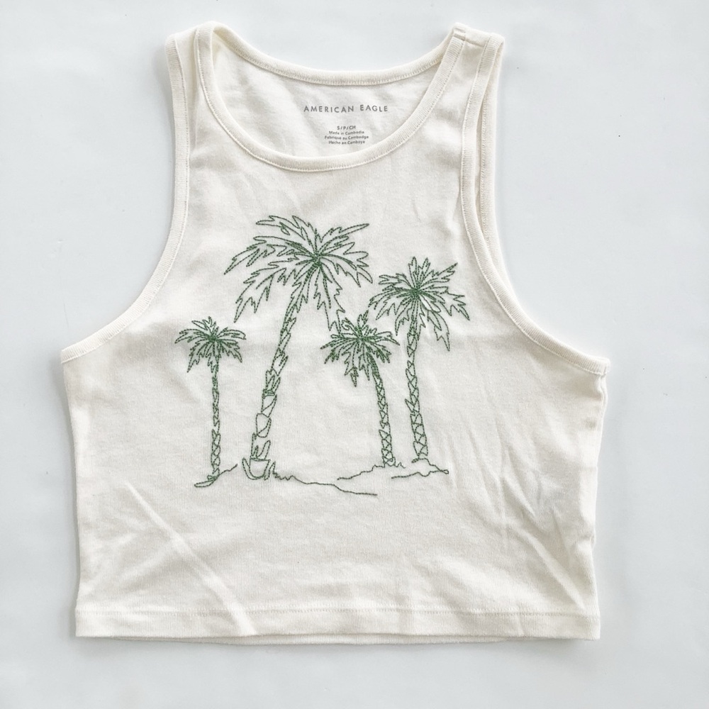 American Eagle Off White Tank with Green Palm Tree Print
